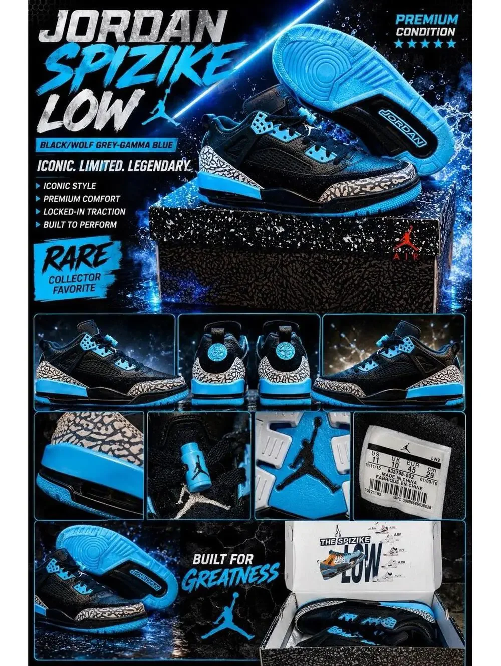 Size 11 - Air Jordan Spizike Low Gamma Blue